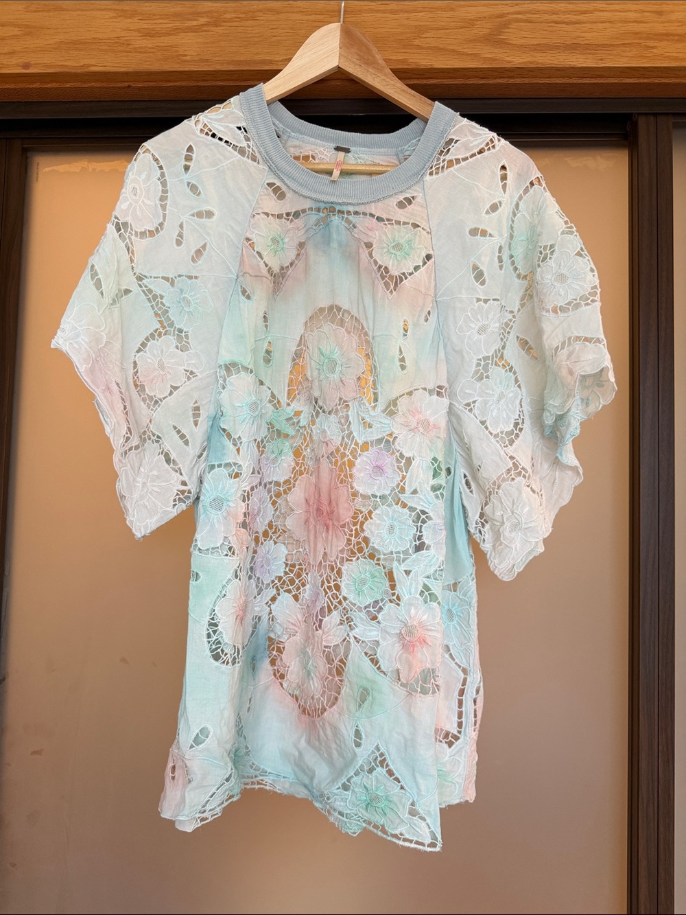 Free People Pastel Blue Crochet Lace Overlay Tee